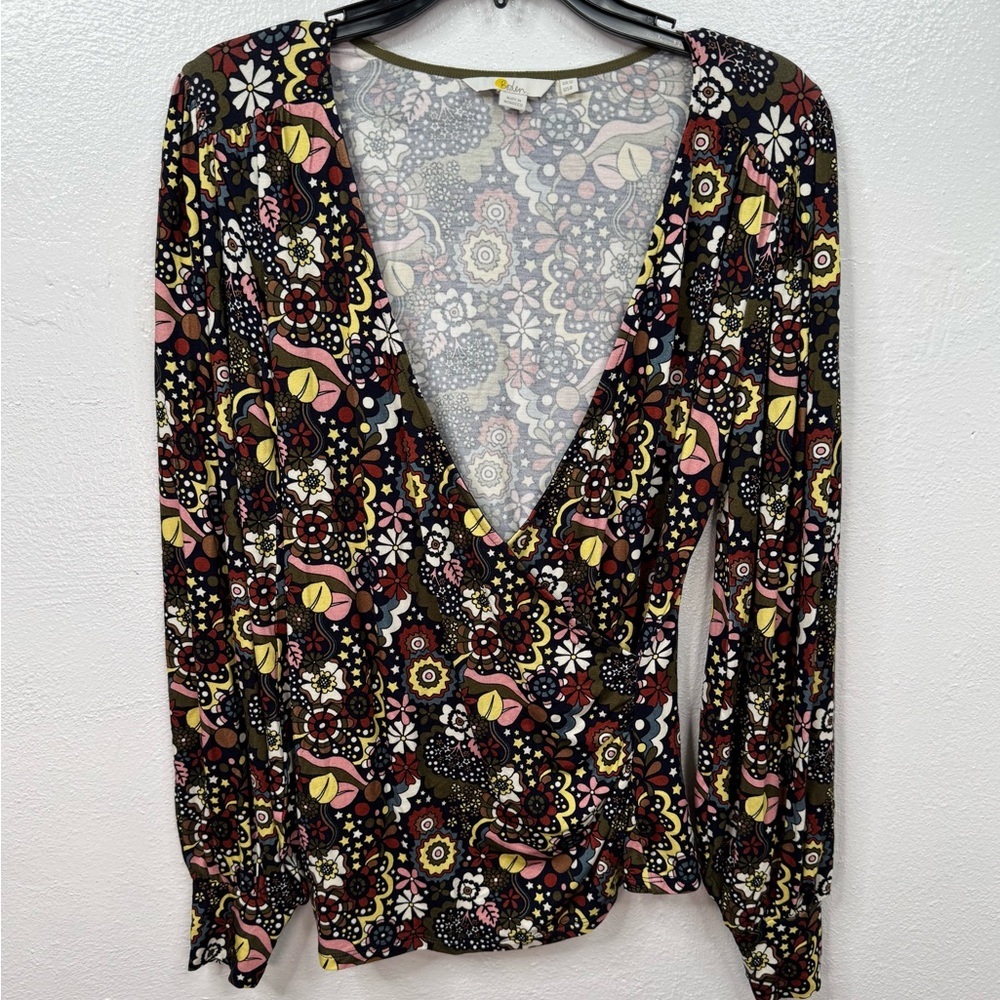 Boden Top Womens US 8 Multicolor Floral Faux Wrap V-Neck Blouson Sleeve
